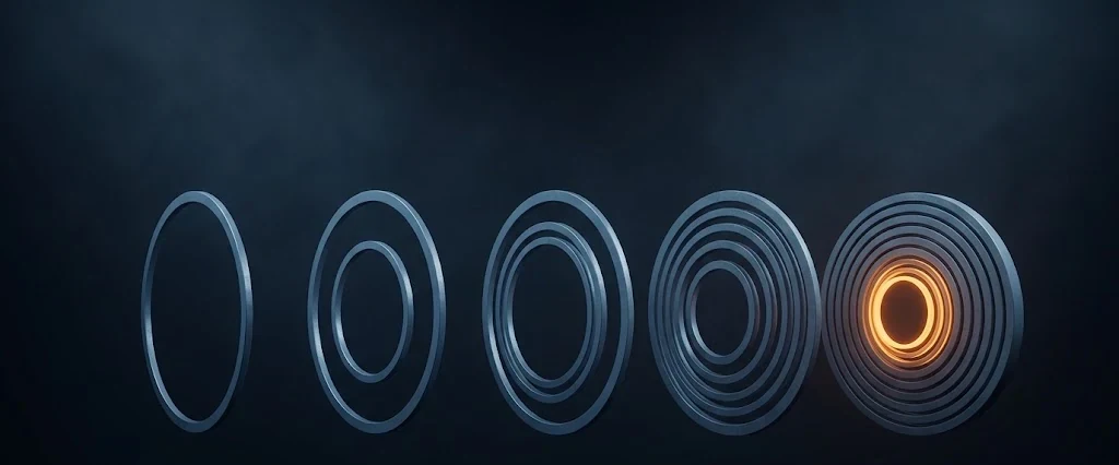 A bare ring gains layer after layer until it is a dense enriched disc, standing for a CVE number becoming a full record.